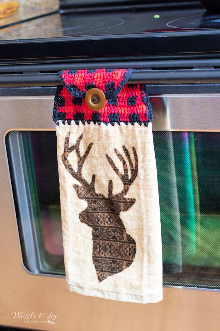 Moose Hanging Kitchen Hand Towels With Crochet Topper Green 