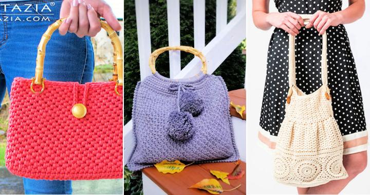 Easy Crochet Bag made with T-Shirt Yarn and Wooden Handles