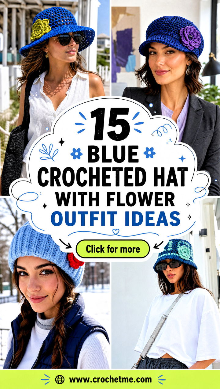 15 Blue Crocheted Hat With Flower outfit ideas - 15 Blue Crocheted Hat With Flower outfit ideas