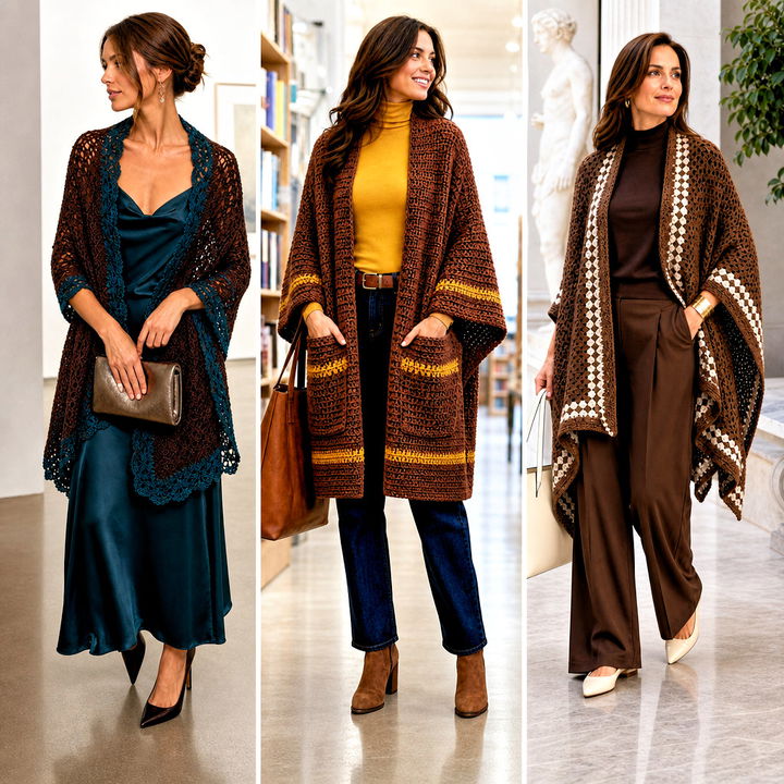 15 Brown Crochet Shawl Outfit Ideas for Elegant Fall Layering