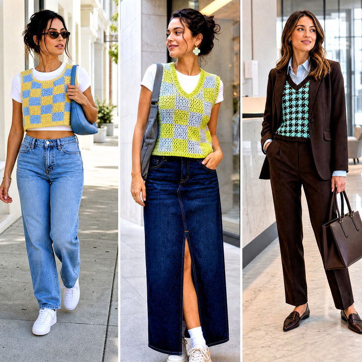 15 Checkered Crochet Sweater Vest Outfit Ideas for Trendy Layers