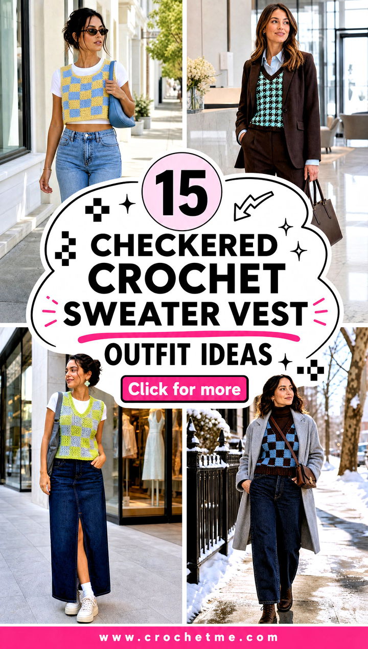 15 Checkered Crochet Sweater Vest outfit ideas - 15 Checkered Crochet Sweater Vest outfit ideas