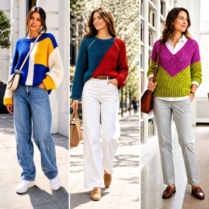 15 Colourblock Crochet Sweater Outfit Ideas for Bold Cozy Style