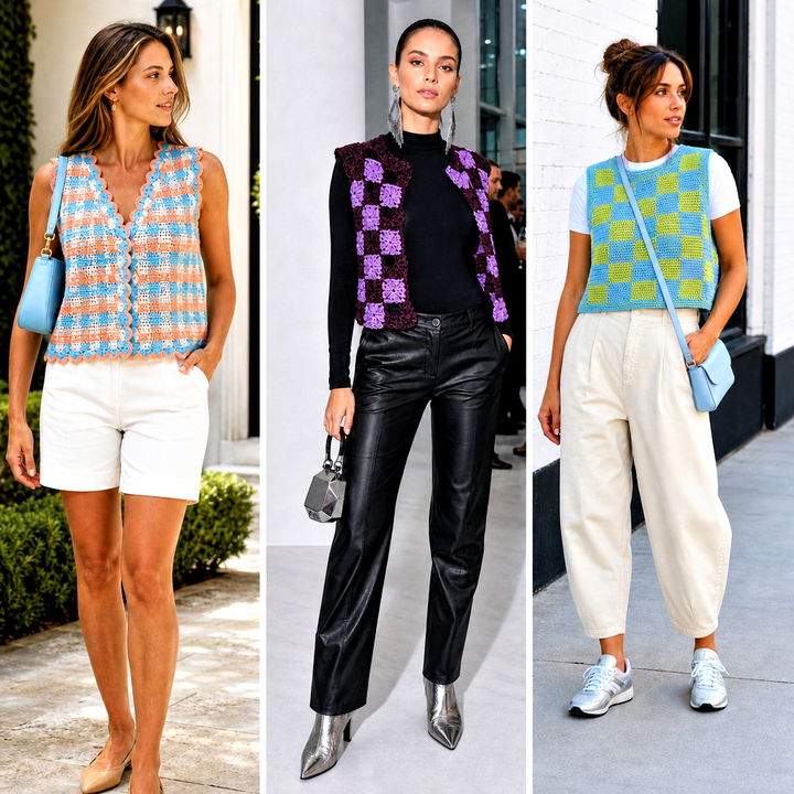 15 Crochet Checkered Vest Outfit Ideas for Trendy Layering