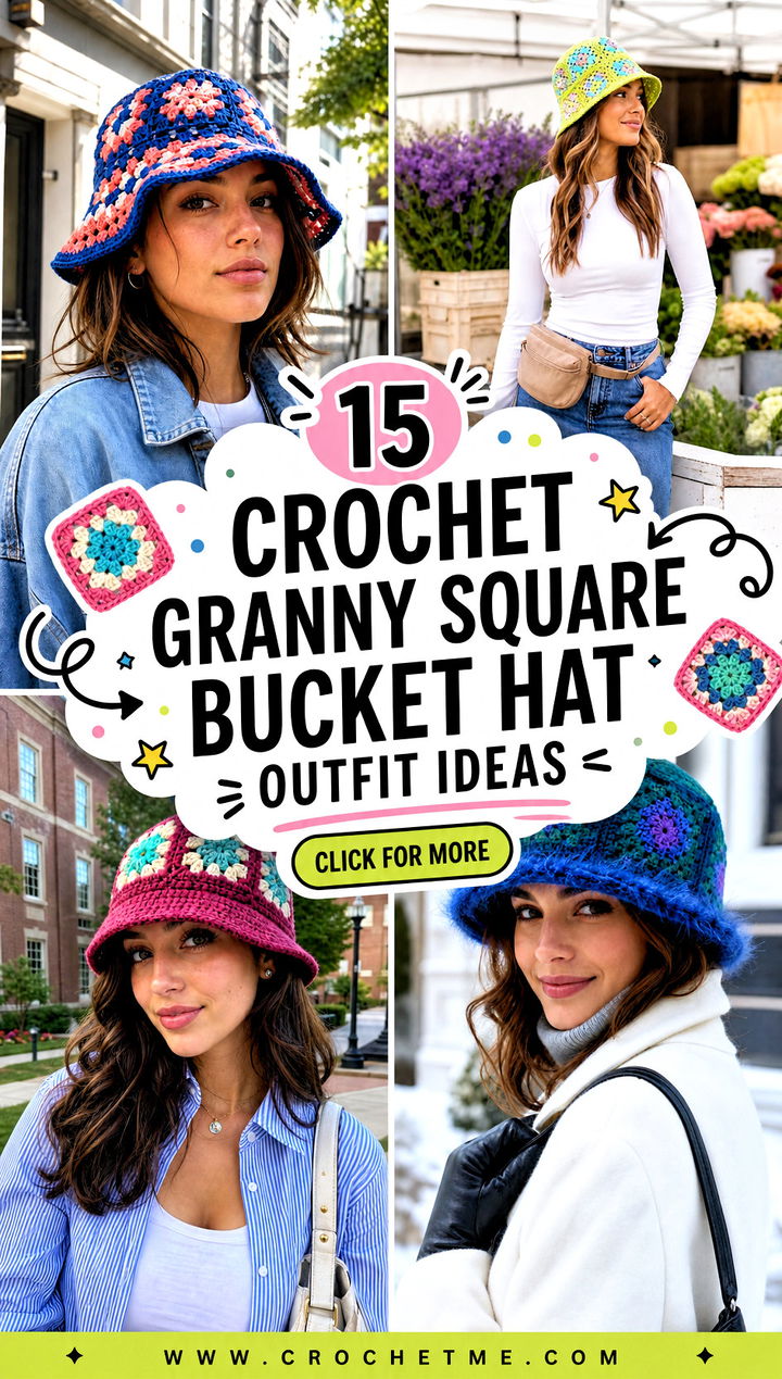 15 Crochet Granny Square Bucket Hat outfit ideas - 15 Crochet Granny Square Bucket Hat outfit ideas