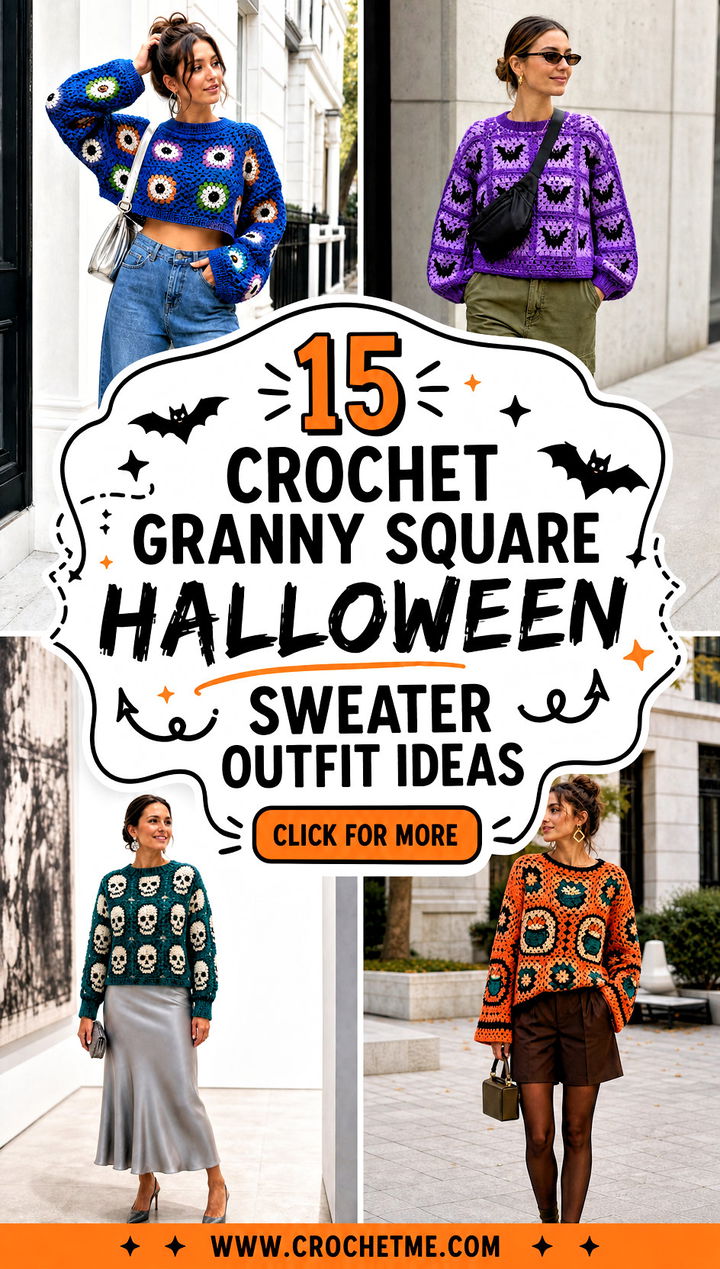 15 Crochet Granny Square Halloween Sweater outfit ideas - 15 Crochet Granny Square Halloween Sweater outfit ideas