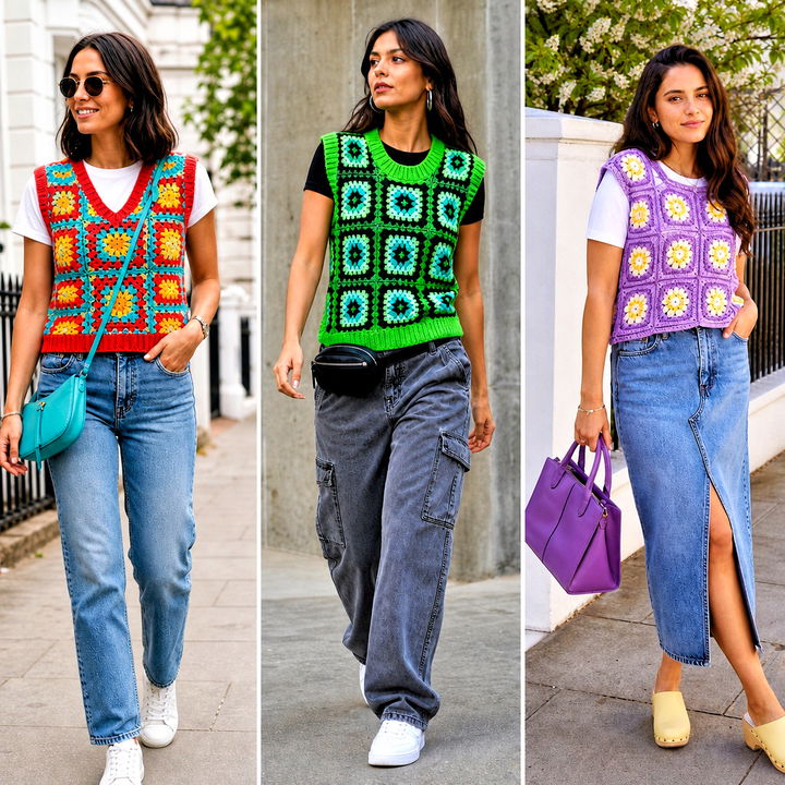 15 Crochet Granny Square Sweater Vest Outfit Ideas to Try