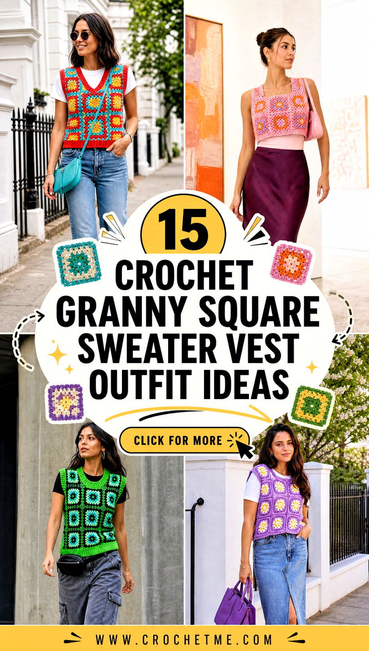 15 Crochet Granny Square Sweater Vest outfit ideas - 15 Crochet Granny Square Sweater Vest outfit ideas