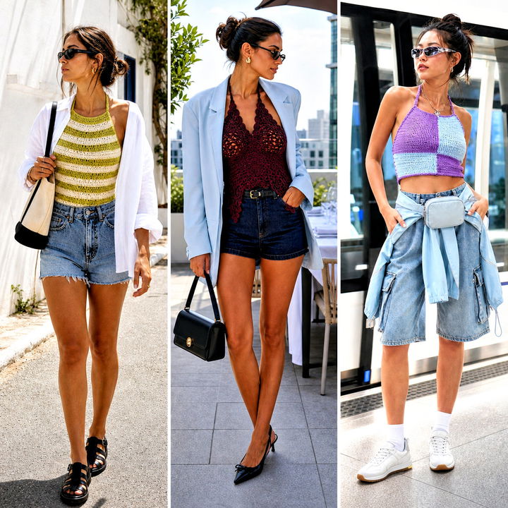 15 Crochet Halter Top With Denim Shorts Outfit Ideas for Summer