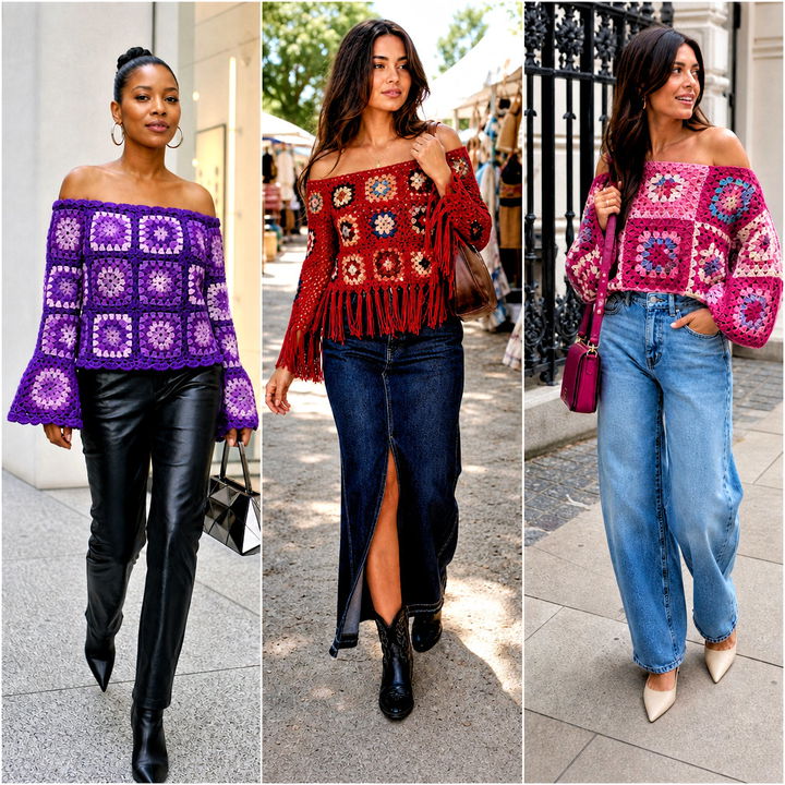 2026 Crochet Off The Shoulder Granny Square Top Outfit Ideas