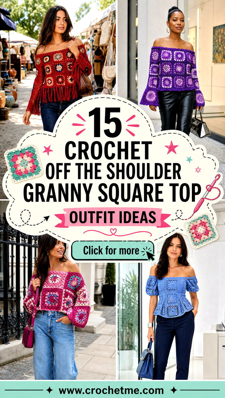 15 Crochet Off The Shoulder Granny Square Top outfit ideas - 15 Crochet Off The Shoulder Granny Square Top outfit ideas