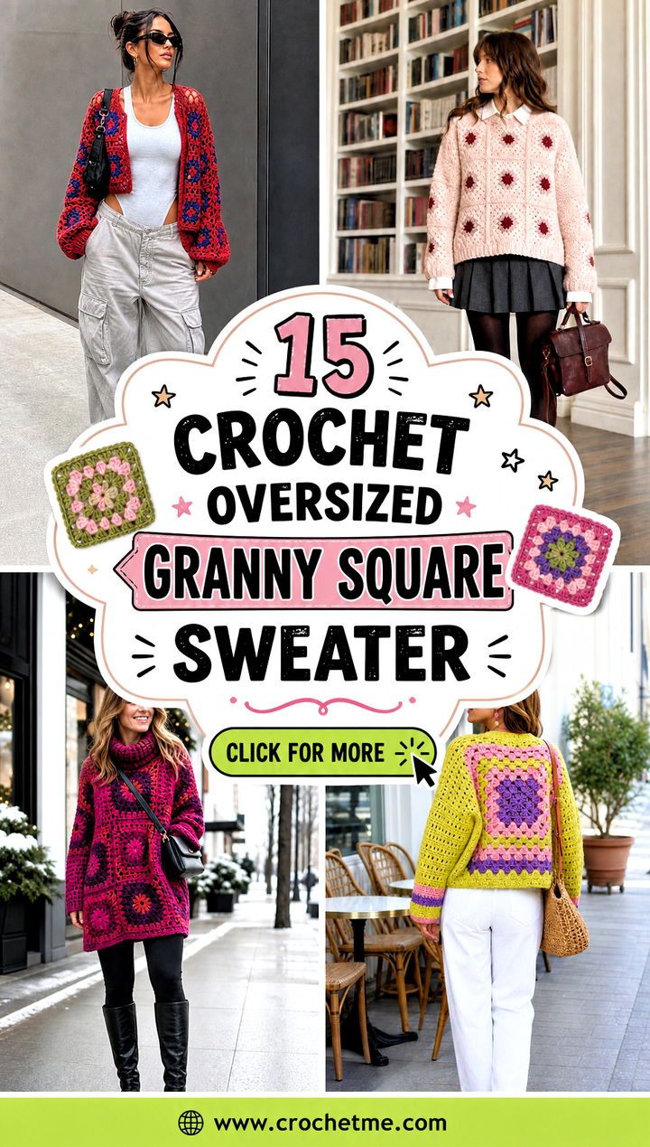 15 Crochet Oversized Granny Square Sweater outfit ideas - 15 Crochet Oversized Granny Square Sweater outfit ideas