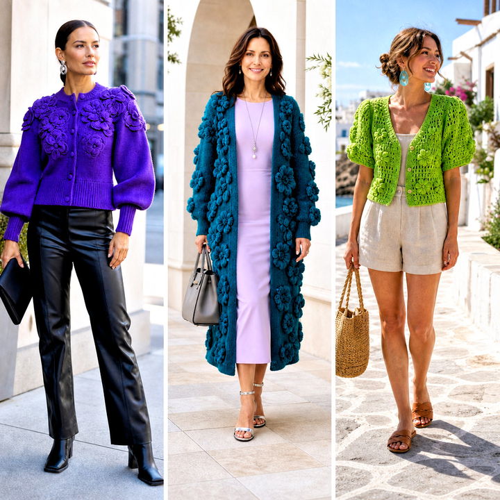 15 Crochet Puff Flower Cardigan outfit ideas