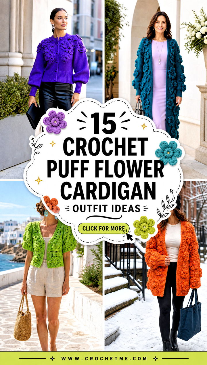 15 Crochet Puff Flower Cardigan outfit ideas - 15 Crochet Puff Flower Cardigan outfit ideas