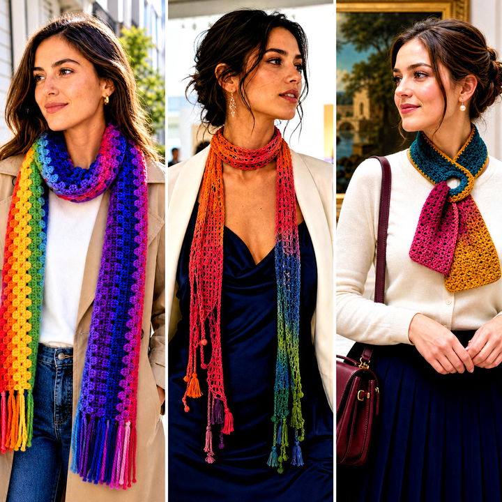 15 Crochet Rainbow Scarf Outfit Ideas for Bright Winter Style
