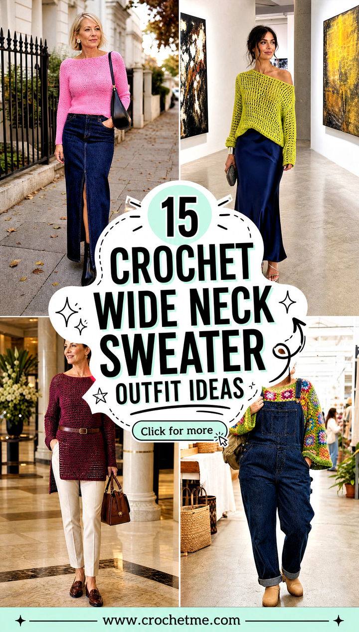 15 Crochet Wide Neck Sweater outfit ideas - 15 Crochet Wide Neck Sweater outfit ideas
