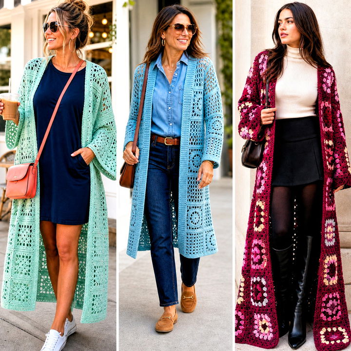 15 Granny Square Crochet Duster Outfit Ideas for Boho Layering