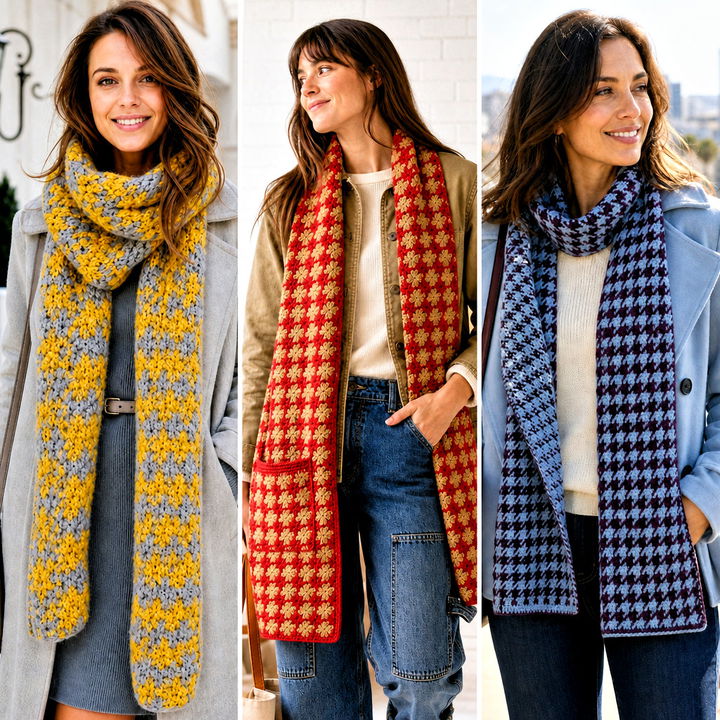 15 Houndstooth Crochet Scarf Outfit Ideas for Polished Style