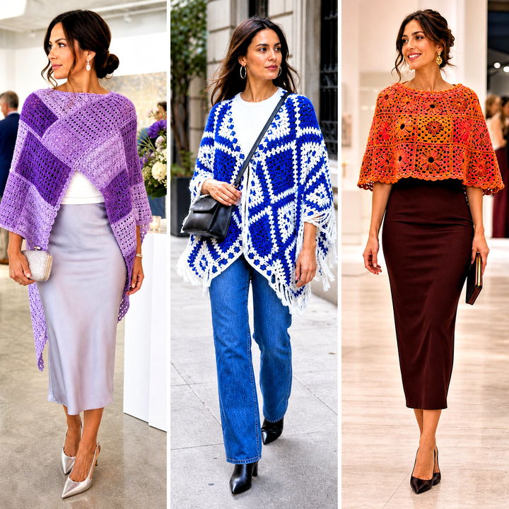 15 Mosaic Crochet Poncho Outfit Ideas for Bold Layered Looks