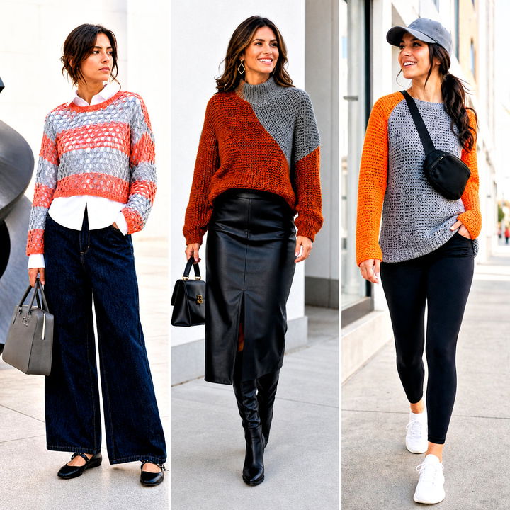 15 Orange and Gray Crochet Sweater Outfit Ideas for Fall