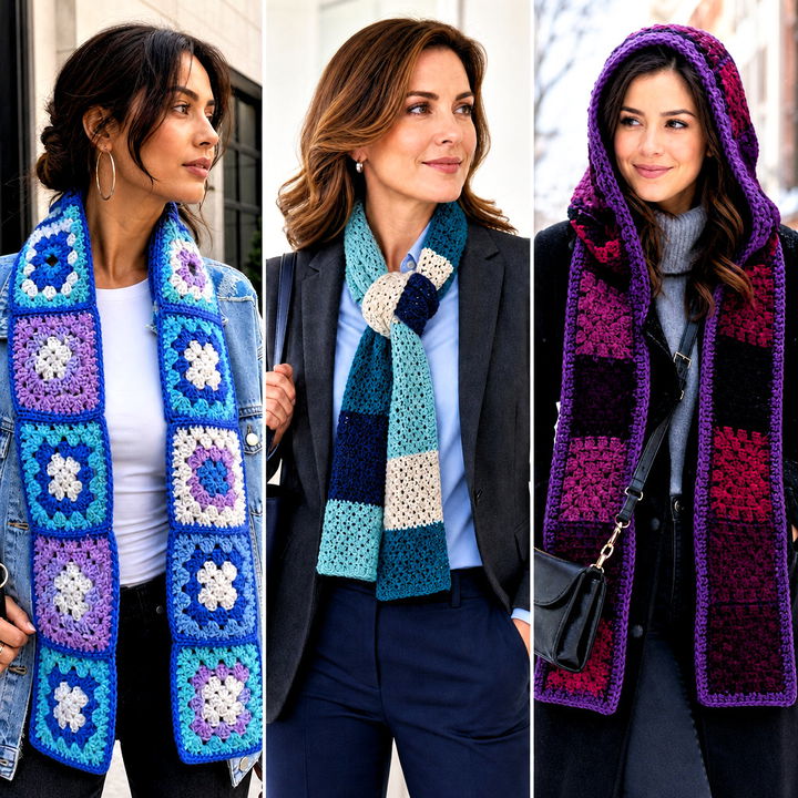 15 Patchwork Crochet Scarf Outfit Ideas for Colorful Winter Style