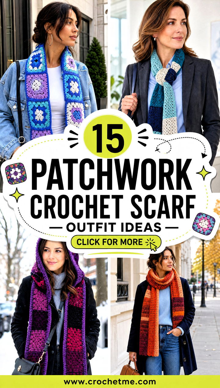 15 Patchwork Crochet Scarf outfit ideas - 15 Patchwork Crochet Scarf outfit ideas