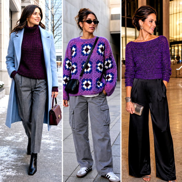 15 Purple Crochet Sweater Outfit Ideas for Bold Cozy Style