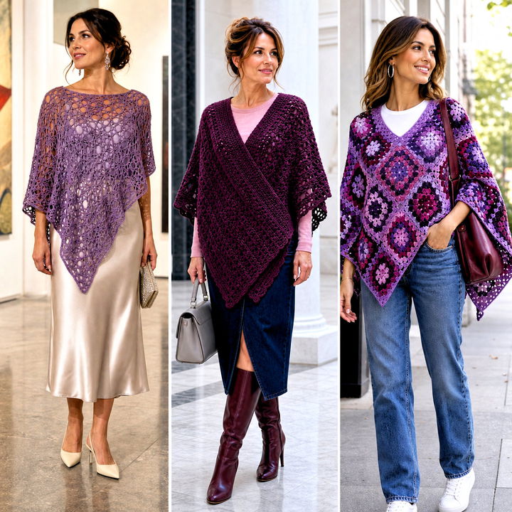15 Purple Crocheted Poncho Outfit Ideas for Chic Layering