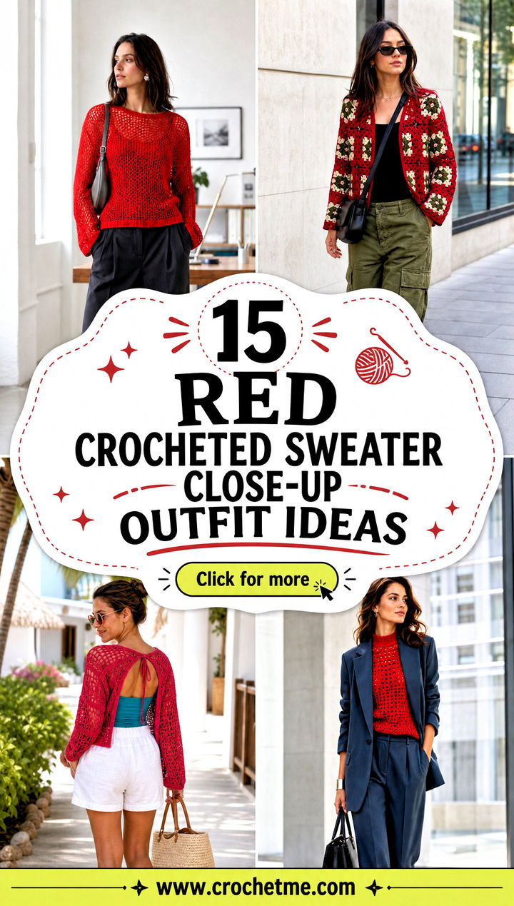 15 Red Crocheted Sweater Close-Up outfit ideas - 15 Red Crocheted Sweater Close-Up outfit ideas