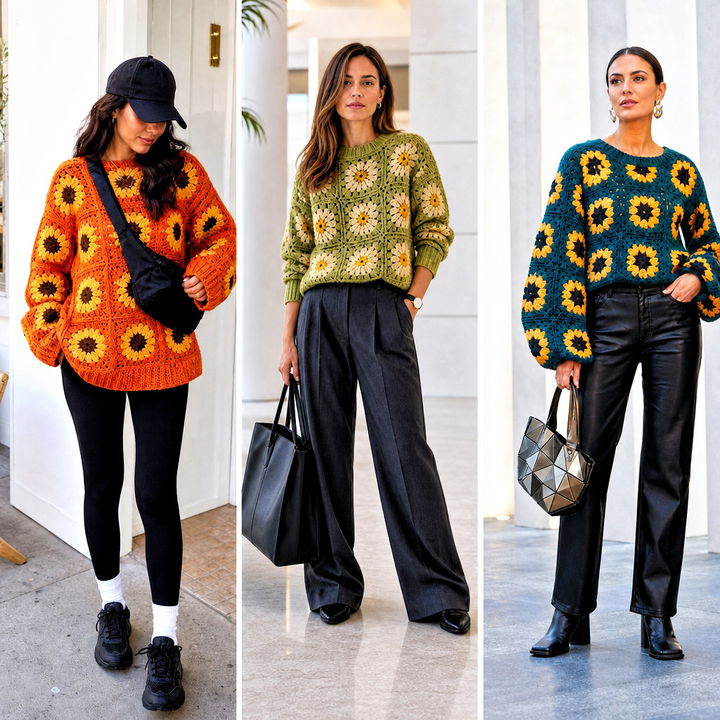 15 Sunflower Granny Square Pullover Sweater Outfit Ideas for Fall
