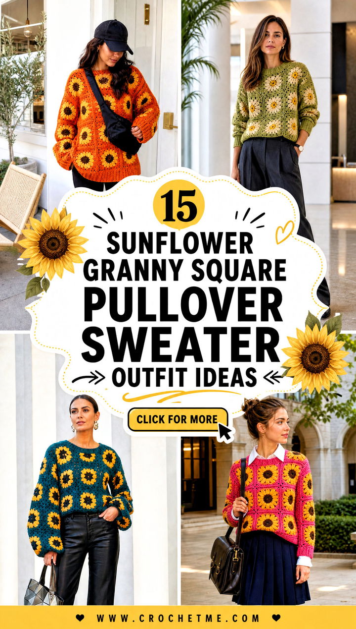 15 Sunflower Granny Square Pullover Sweater outfit ideas - 15 Sunflower Granny Square Pullover Sweater outfit ideas