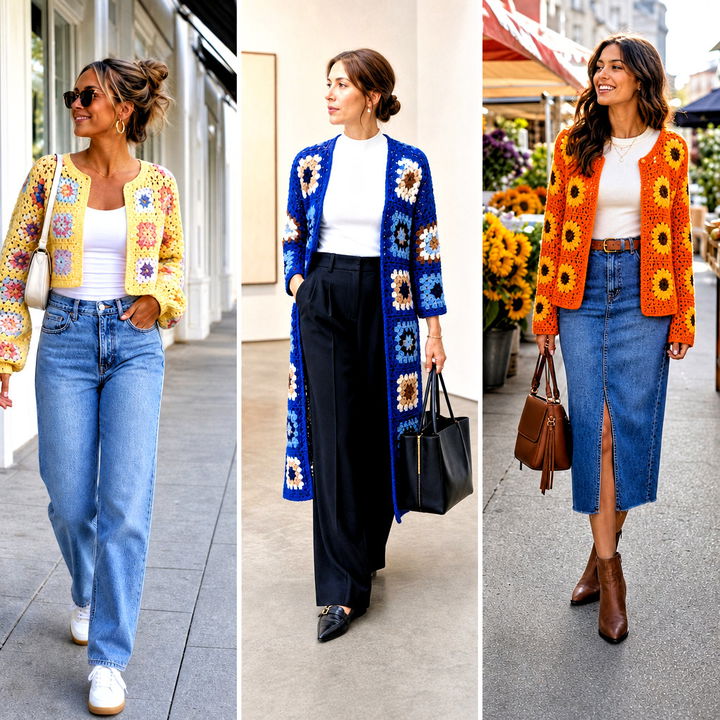 15 Womens Granny Square Cardigan Outfit Ideas to Wear Now