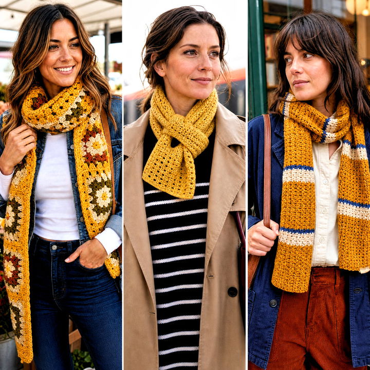 15 Autumn Yellow Crochet Scarf Outfit Ideas for Cozy Looks