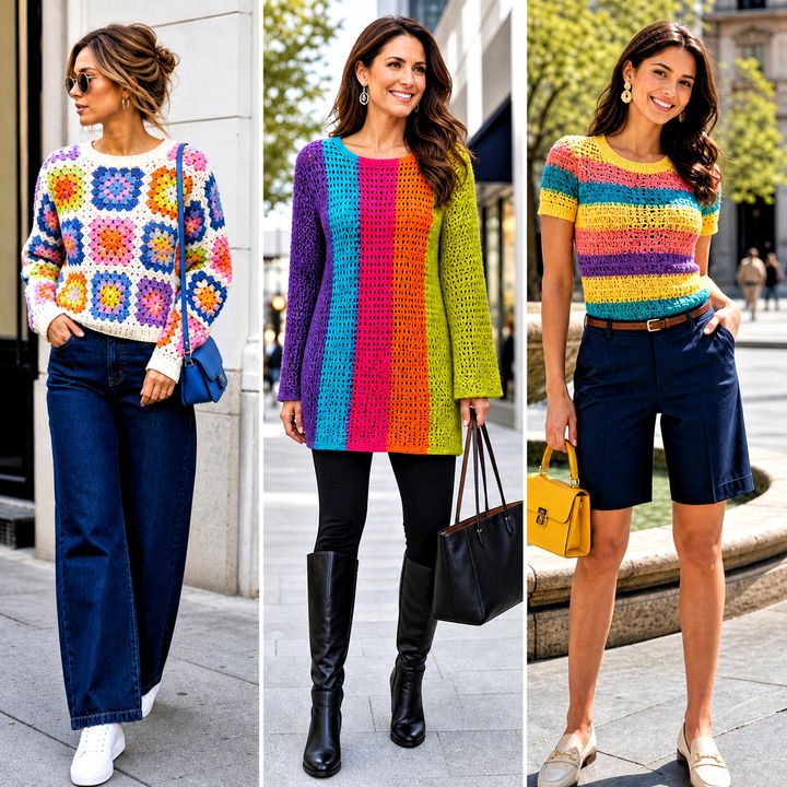 15 Bright Rainbow Crochet Sweater Outfit Ideas for Winter