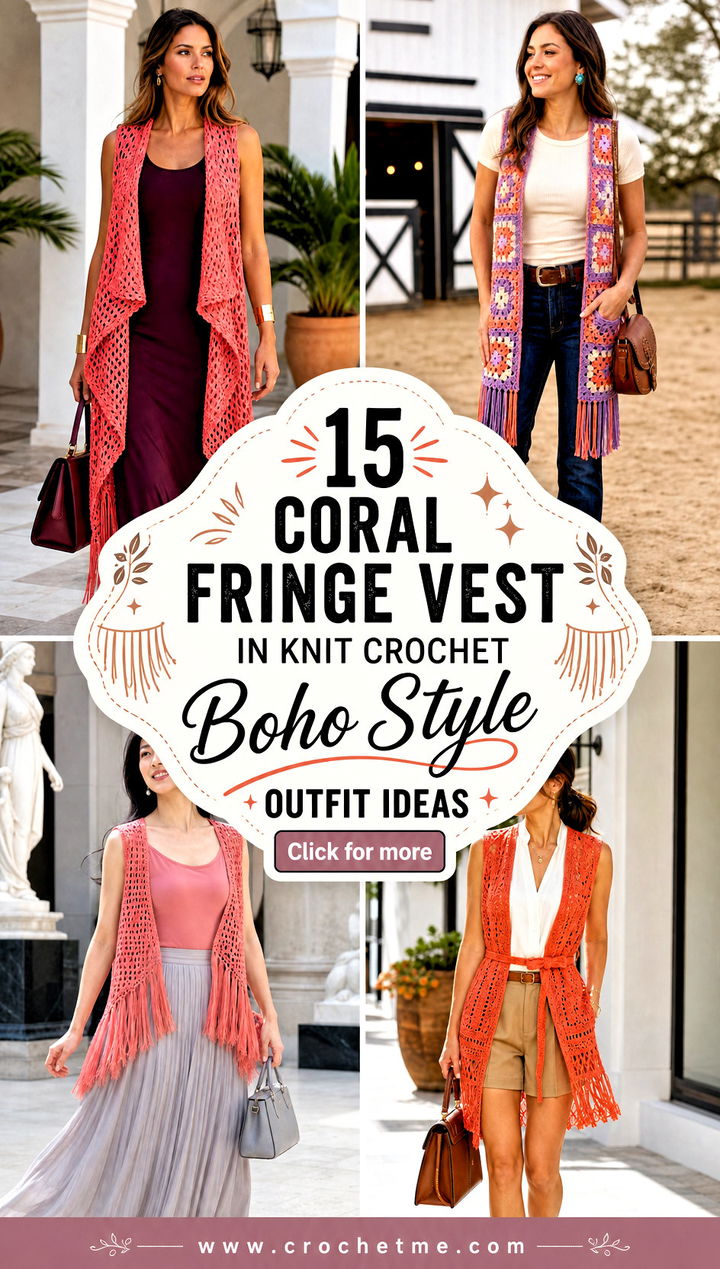 15 coral fringe vest in knit crochet boho style outfit ideas - 15 coral fringe vest in knit crochet boho style outfit ideas