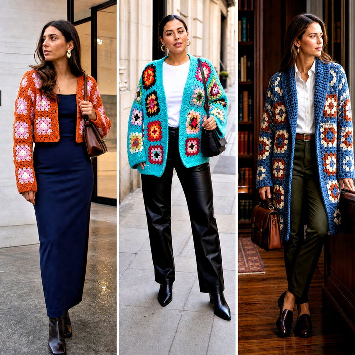 15 Crochet Granny Square Afghan Style Coat Cardigan Outfit Ideas