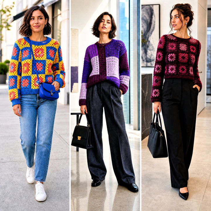 15 Crochet Patchwork Jumper Outfit Ideas: Colorful Layered Looks