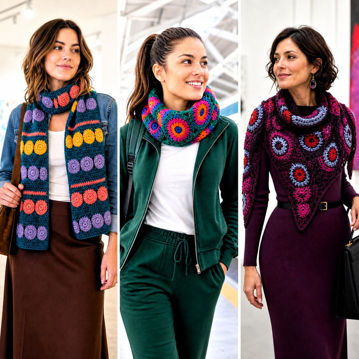 15 Crochet Scarf With Colorful Circles Outfit Ideas to Try