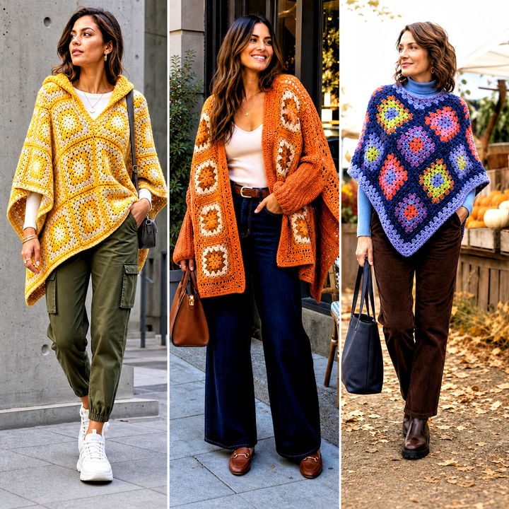 15 Easy Granny Square Poncho Outfit Ideas for Boho Style