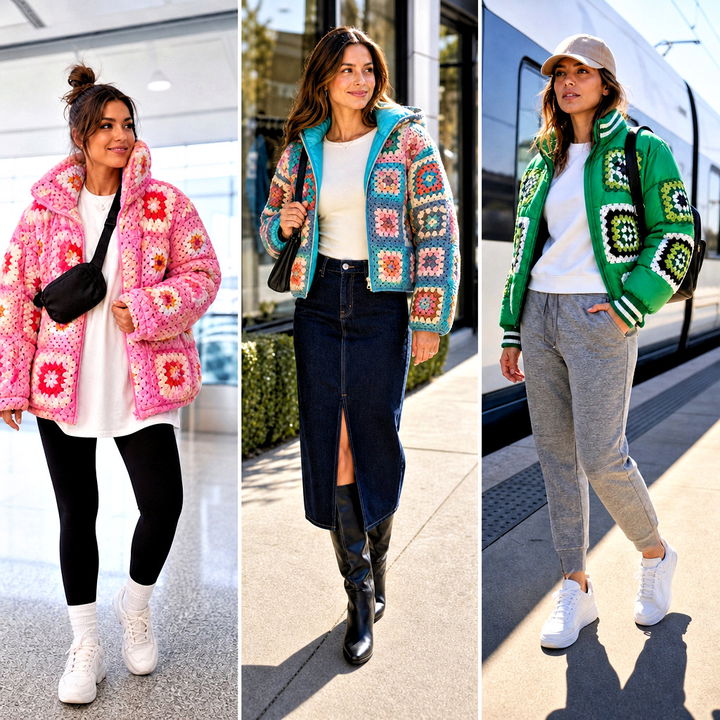15 Granny Square Puffer Jacket Outfit Ideas for Cozy Winter