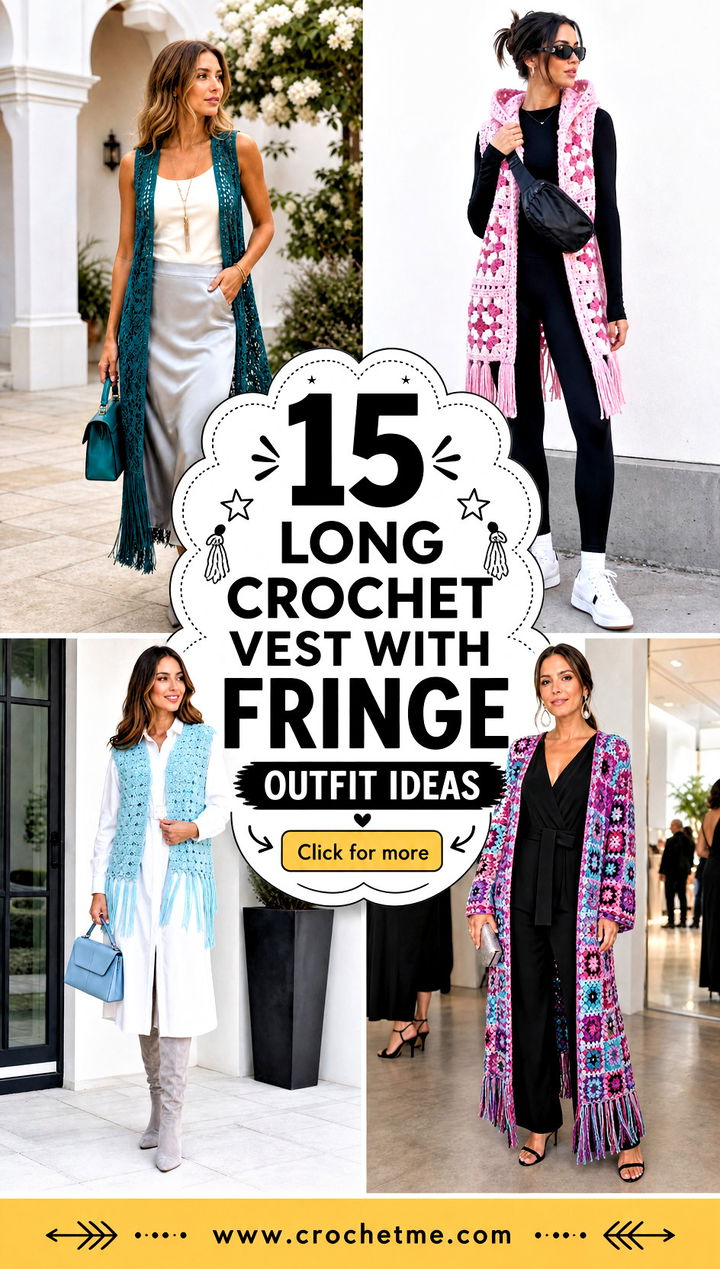 15 long crochet vest with fringe outfit ideas - 15 long crochet vest with fringe outfit ideas