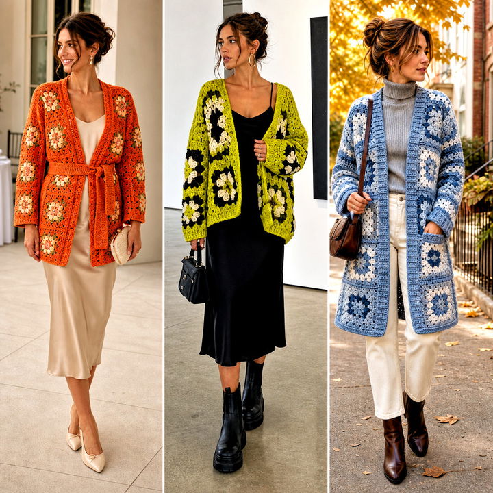 15 Originally Lovely Granny Square Cardigan Outfit Ideas for Fall