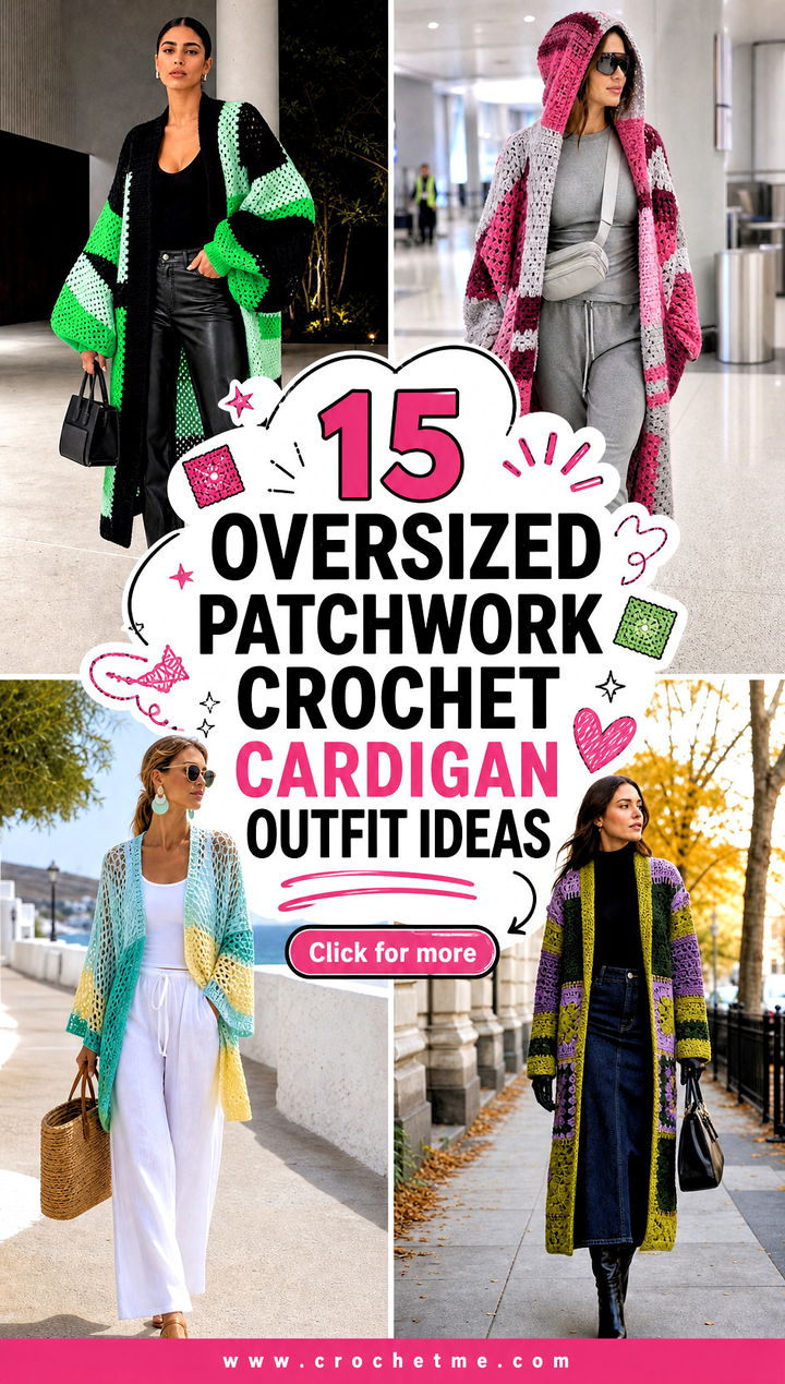 15 oversized patchwork crochet cardigan outfit ideas - 15 oversized patchwork crochet cardigan outfit ideas
