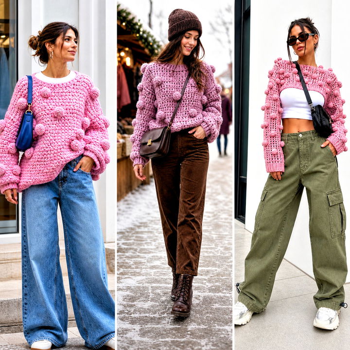 15 Pink Crochet Sweater With Pom Poms Outfit Ideas to Try
