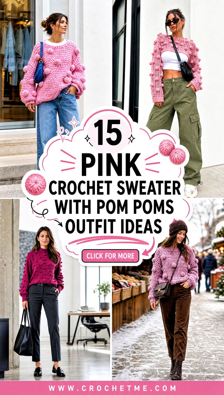 15 pink crochet sweater with pom poms outfit ideas - 15 pink crochet sweater with pom poms outfit ideas