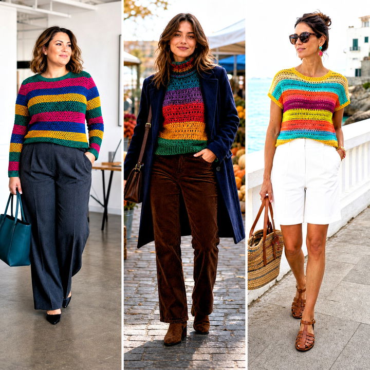 15 rainbow striped crochet sweater outfit ideas