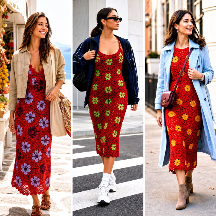 15 red floral crochet dress outfit ideas