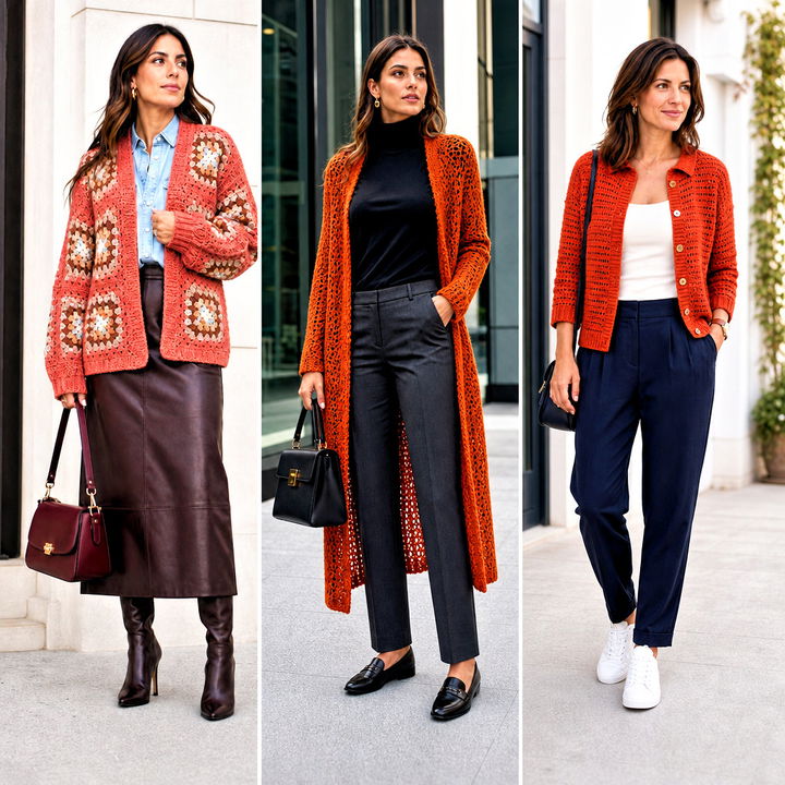 15 Rust-Colored Crochet Cardigan Outfit Ideas for Fall Style