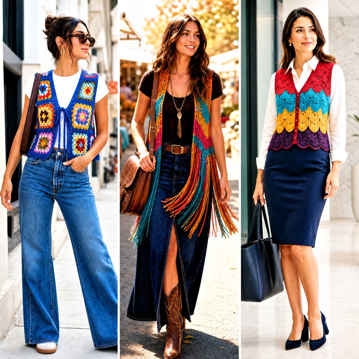 15 Vintage Rainbow Crochet Vest Outfit Ideas With Retro Flair