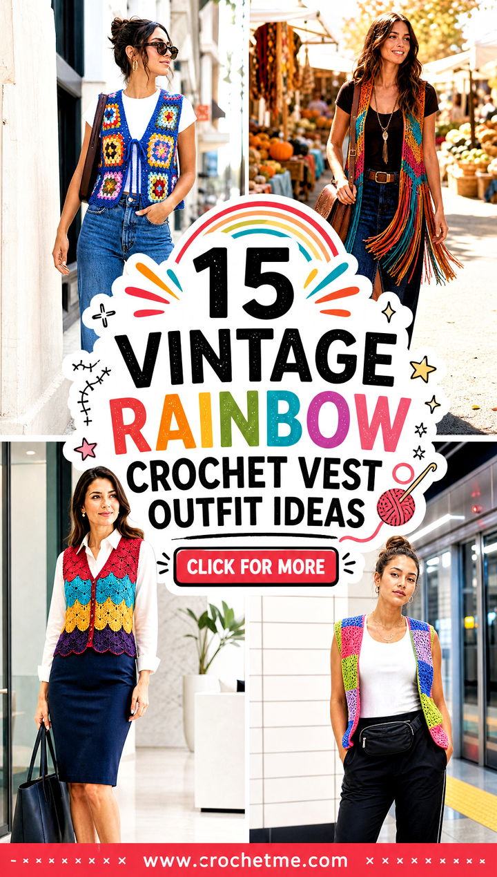 15 vintage rainbow crochet vest outfit ideas - 15 vintage rainbow crochet vest outfit ideas